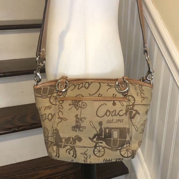 COACH Tan Horse Carriage Embroidered Canvas Brown Leather Crossbody Shoulder Bag - Picture 3 of 16